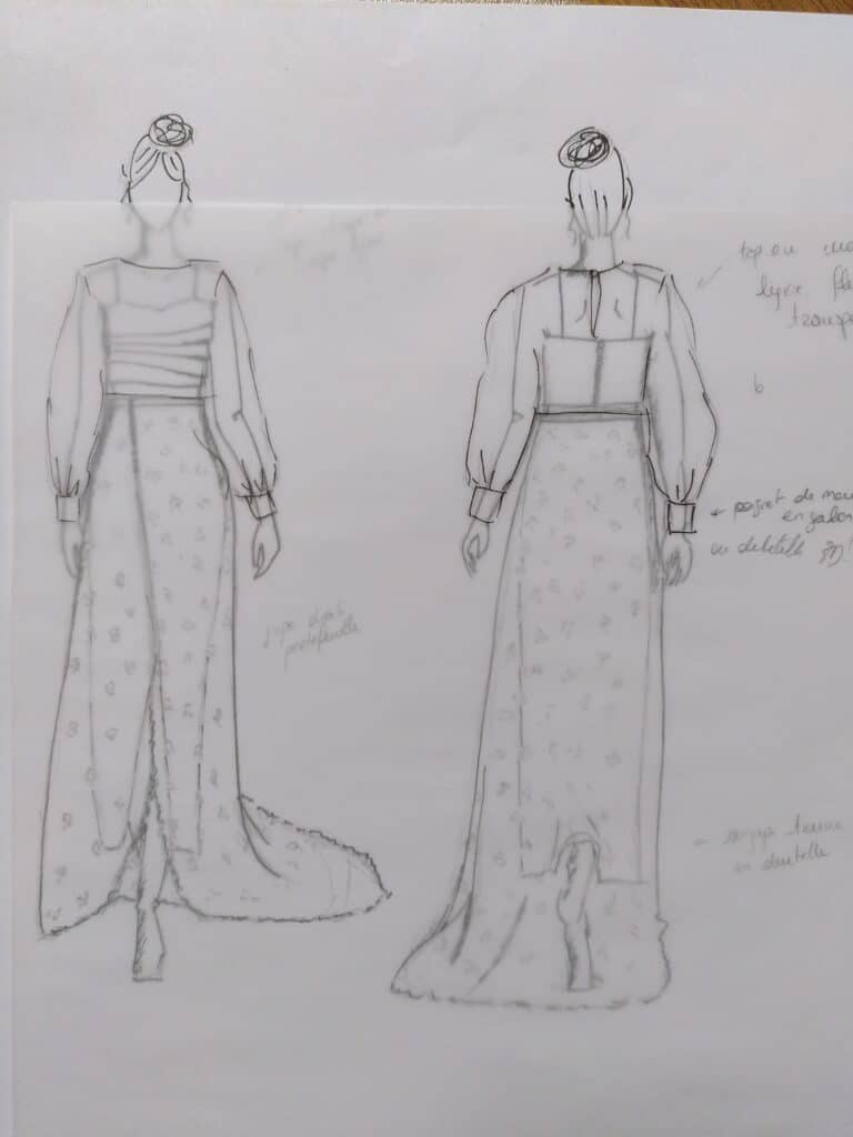 dessin de mode au crayon composé d'une jupe de mariée droite, un top bustier drapé et d'une blouse en tissuu léger
