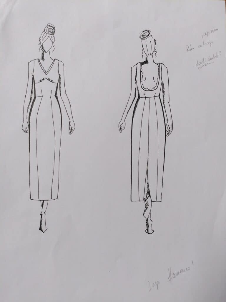 Bleistift-Modezeichnung eines figurbetonten Kleides mit Rückenausschnitt. urban und elegant Brautkleid