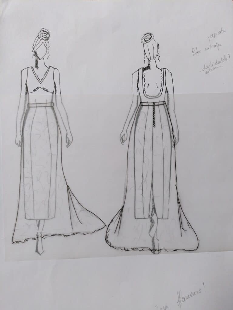 dessin de mode au crayon composé d'une robe prÈs du corps avec un décolleté dos et une traine amovible