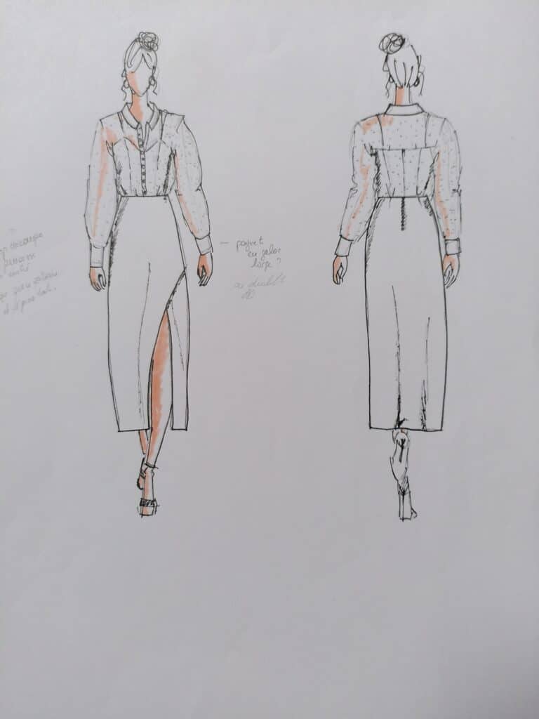 Bleistift-Modezeichnung bestehend aus einem Wickelrock und einer elegant Bluse. Urban Hochzeitslook