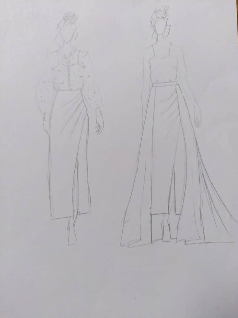 dessin de mode au crayon composé d'une jupe portefeuille et un chemisier et une traine amovible